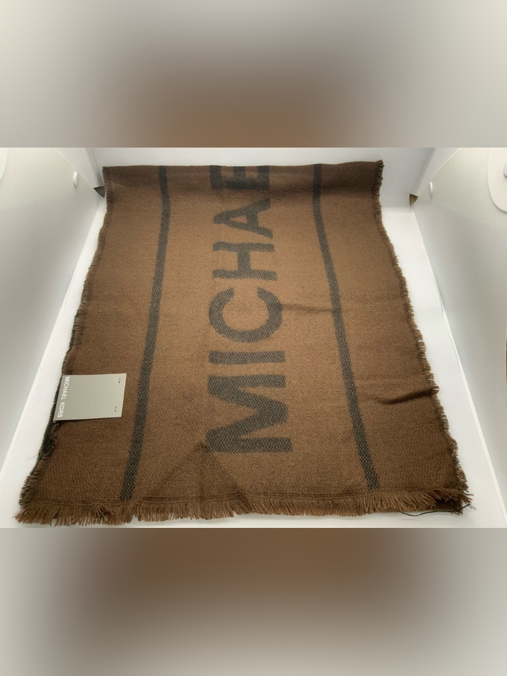 Michael Kors Brown Logo Fringe Throw Scarf